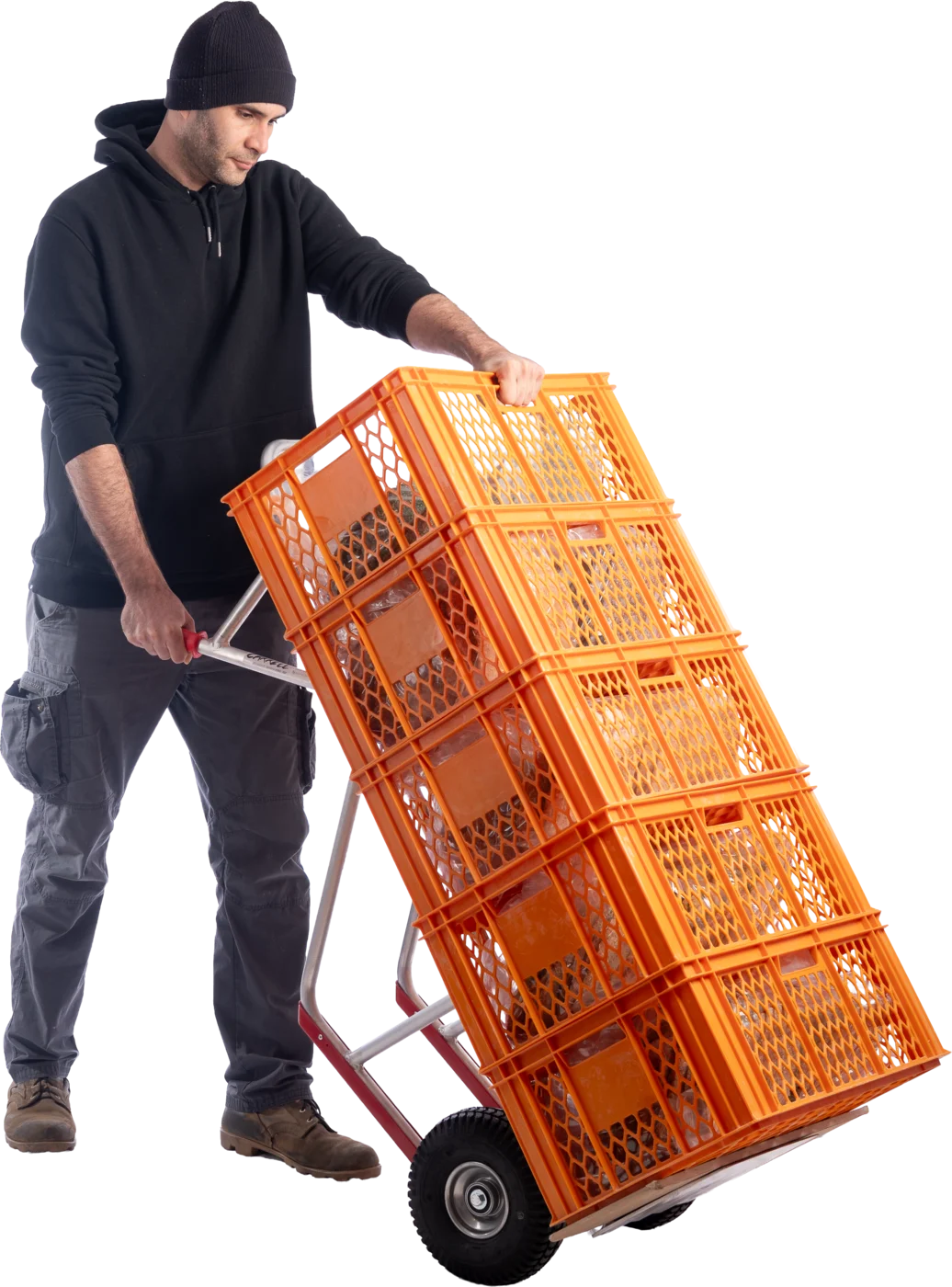Carrell im Einsatz: Obstkisten